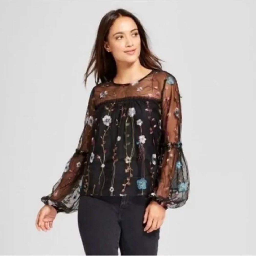 A New Day Black Sheer Floral Boho Blouse Size Medium